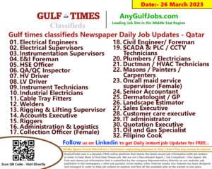 Gulf times classifieds Job Vacancies Qatar - 26 March 2023
