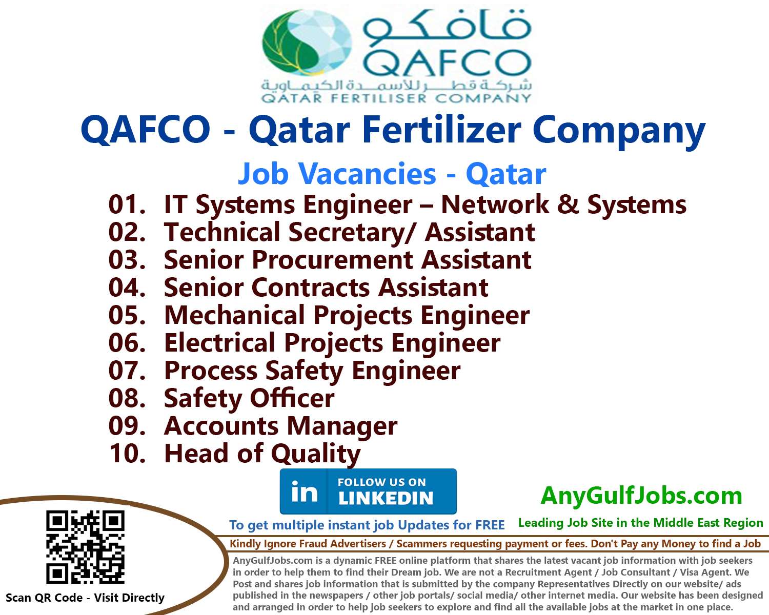 List of QAFCO - Qatar Fertilizer Company Jobs - Qatar