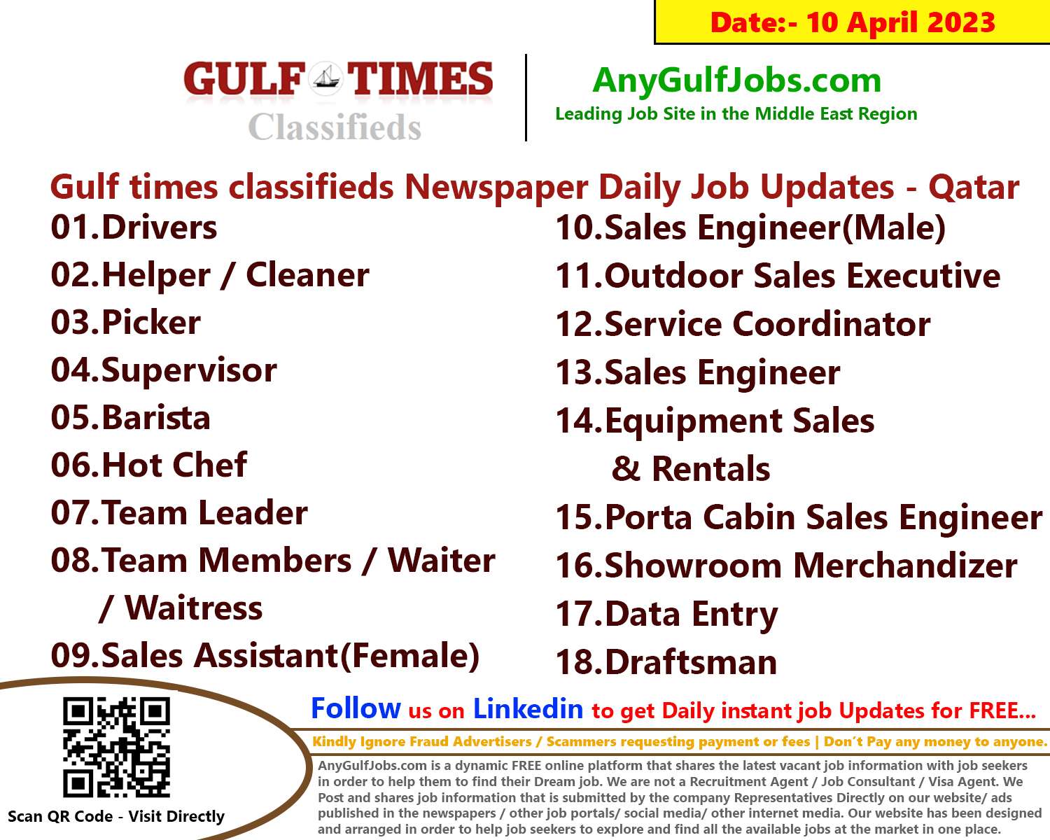 Gulf times classifieds Job Vacancies Qatar - 10 April 2023
