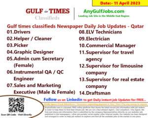 Gulf times classifieds Job Vacancies Qatar - 11 April 2023