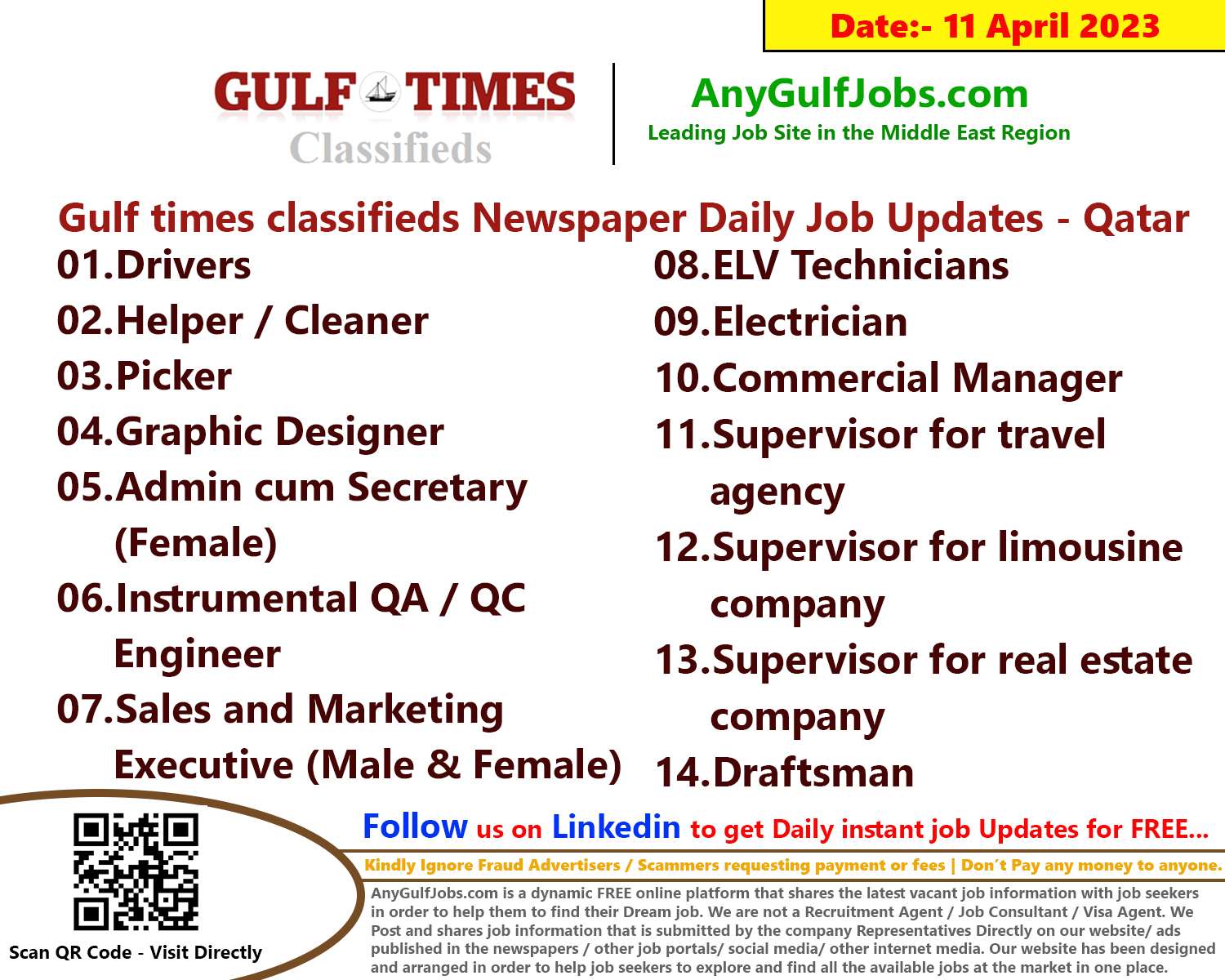 Gulf times classifieds Job Vacancies Qatar - 11 April 2023