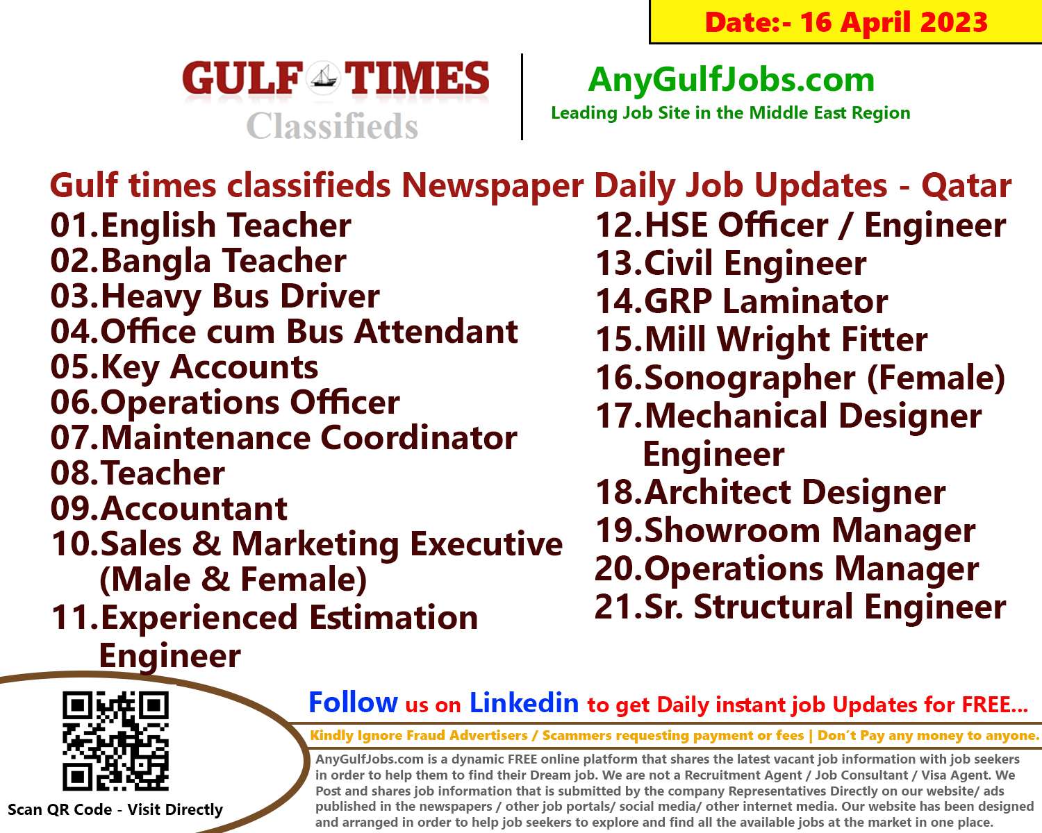 Gulf times classifieds Job Vacancies Qatar - 16 April 2023
