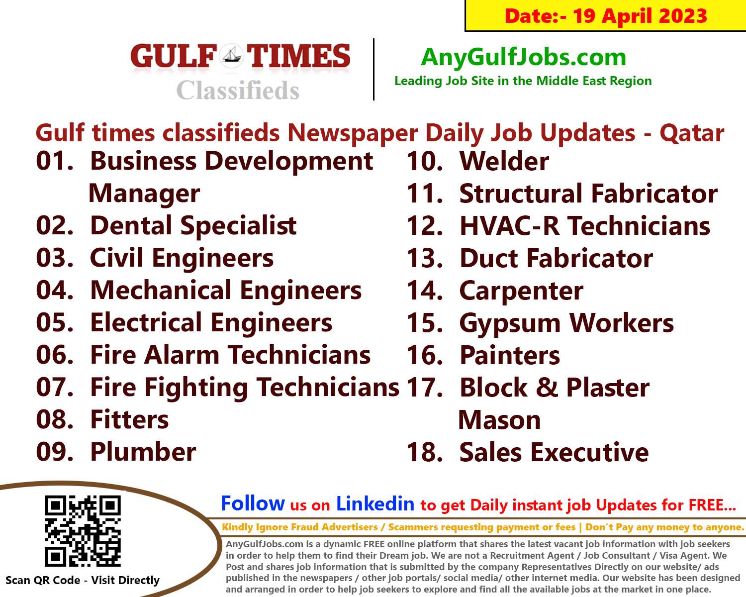 Gulf times classifieds Job Vacancies Qatar - 19 April 2023