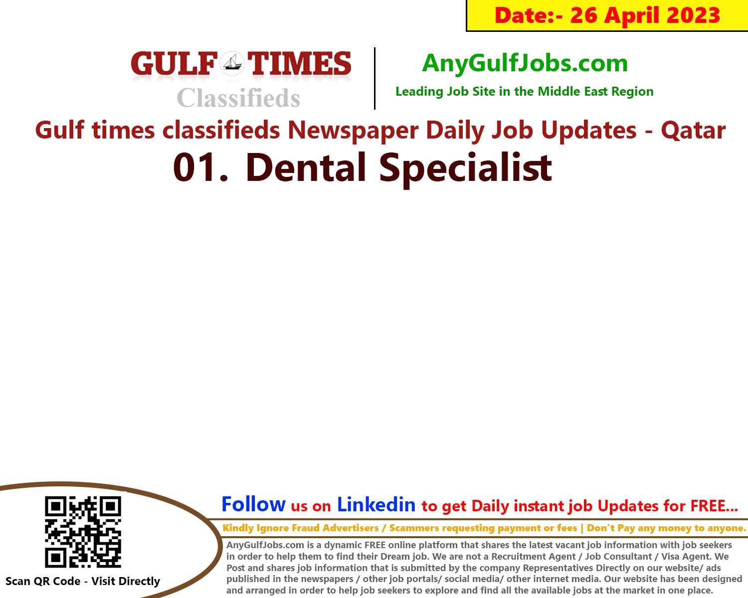 List of Gulf times classifieds Job Vacancies Qatar - 26 April 2023