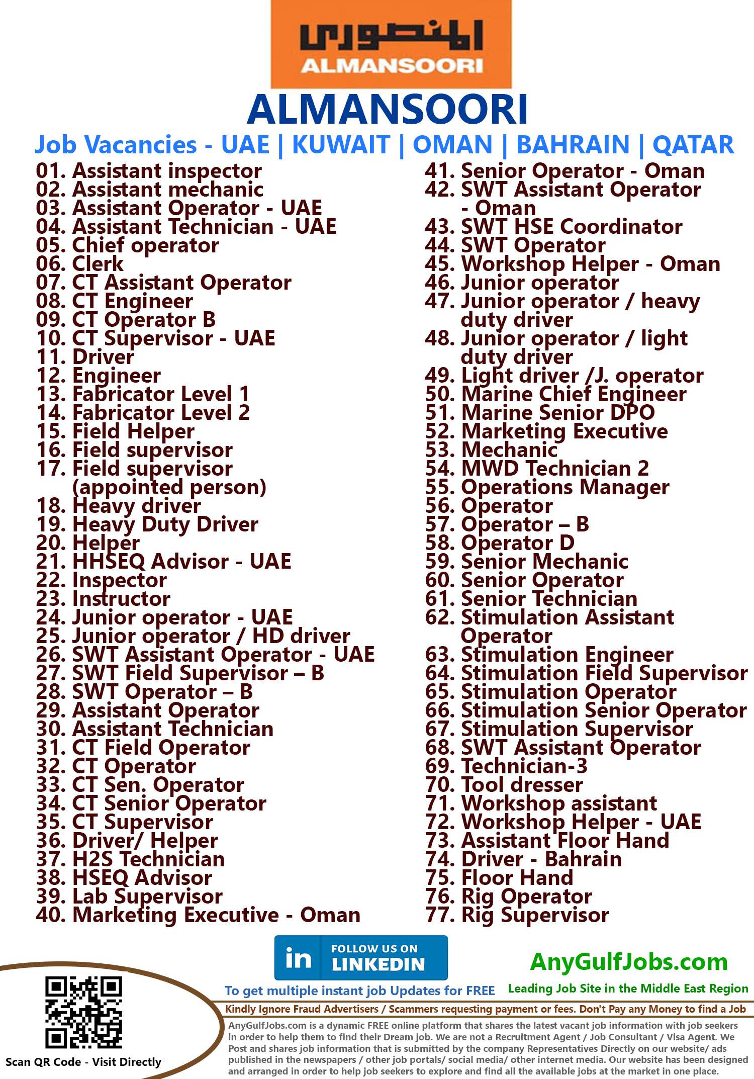 List of ALMANSOORI Jobs - UAE | BAHRAIN | OMAN | KUWAIT | QATAR