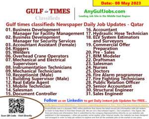 Gulf times classifieds Job Vacancies Qatar - 08 May 2023