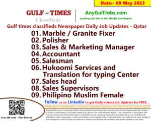 Gulf times classifieds Job Vacancies Qatar - 09 May 2023