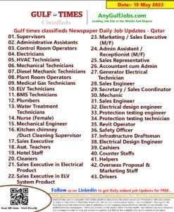 Gulf times classifieds Job Vacancies Qatar - 15 May 2023