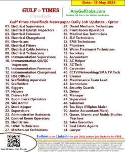 Gulf times classifieds Job Vacancies Qatar - 18 May 2023