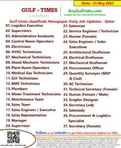 Gulf times classifieds Job Vacancies Qatar - 21 May 2023