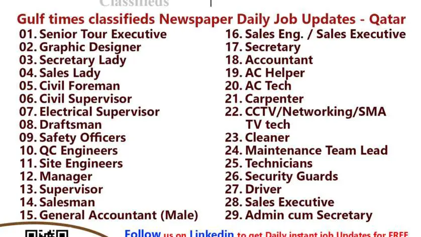 Gulf times classifieds Job Vacancies Qatar - 22 May 2023