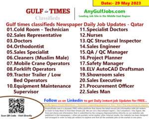 Gulf times classifieds Job Vacancies Qatar - 29 May 2023