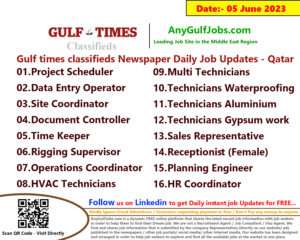 Gulf times classifieds Job Vacancies Qatar - 05 June 2023