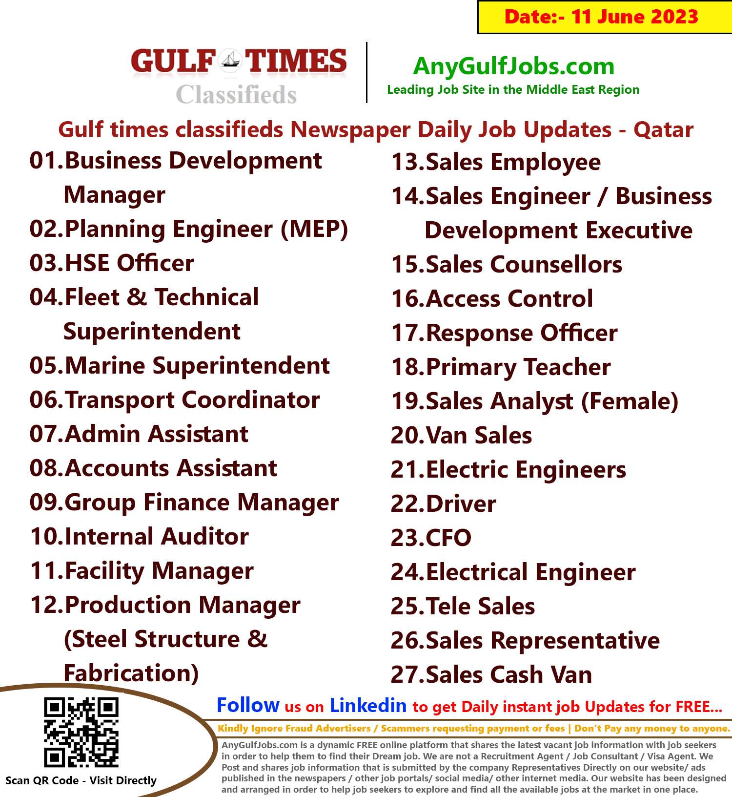 Gulf times classifieds Job Vacancies Qatar - 11 June 2023