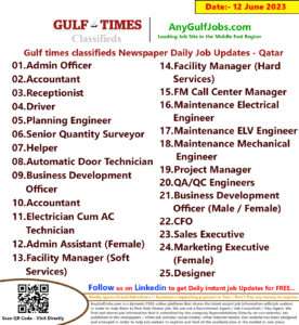 Gulf times classifieds Job Vacancies Qatar - 12 June 2023