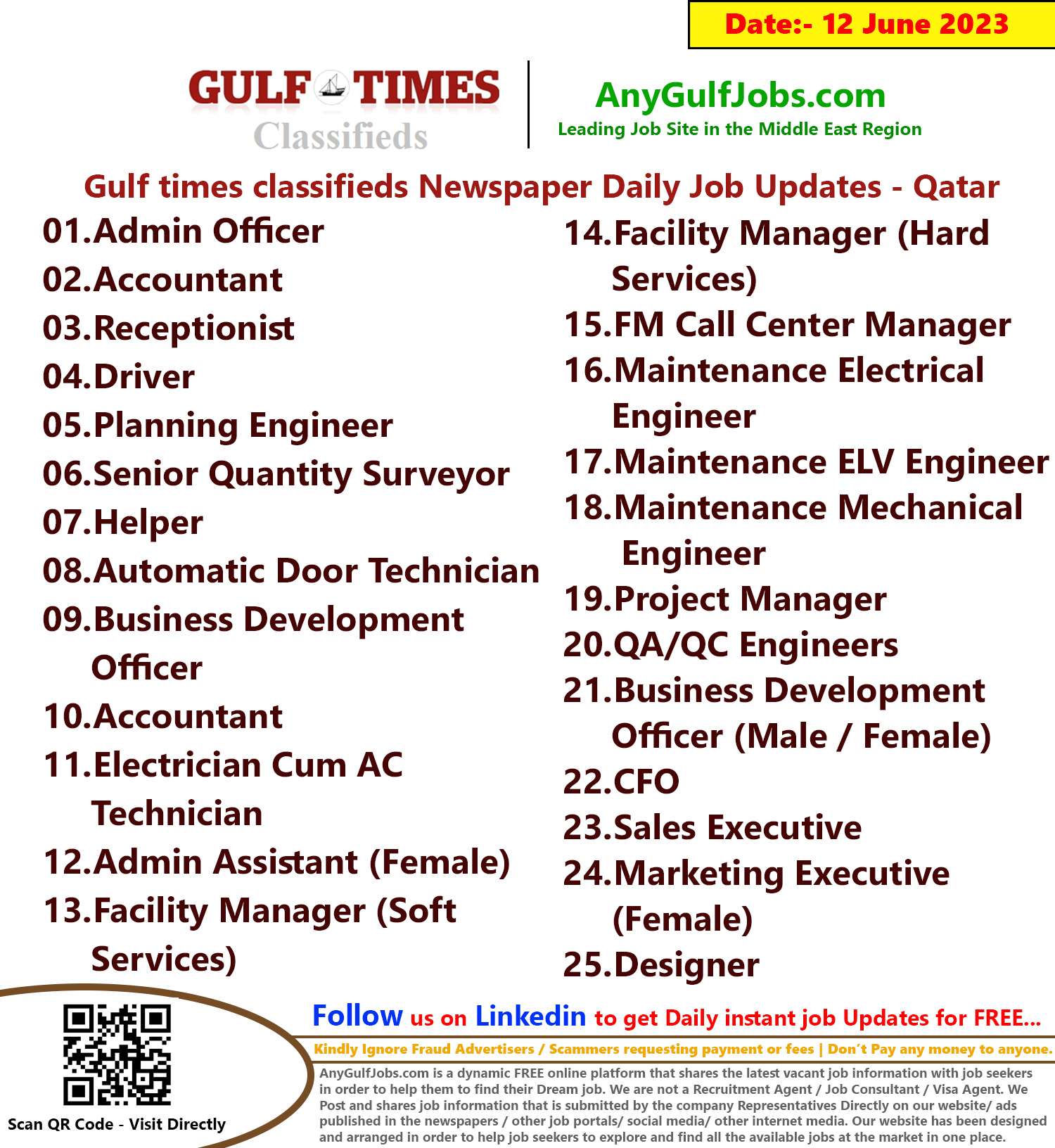 Gulf times classifieds Job Vacancies Qatar - 12 June 2023
