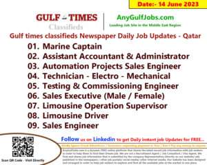 Gulf times classifieds Job Vacancies Qatar - 14 June 2023