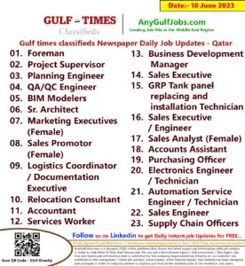 Gulf times classifieds Job Vacancies Qatar - 18 June 2023