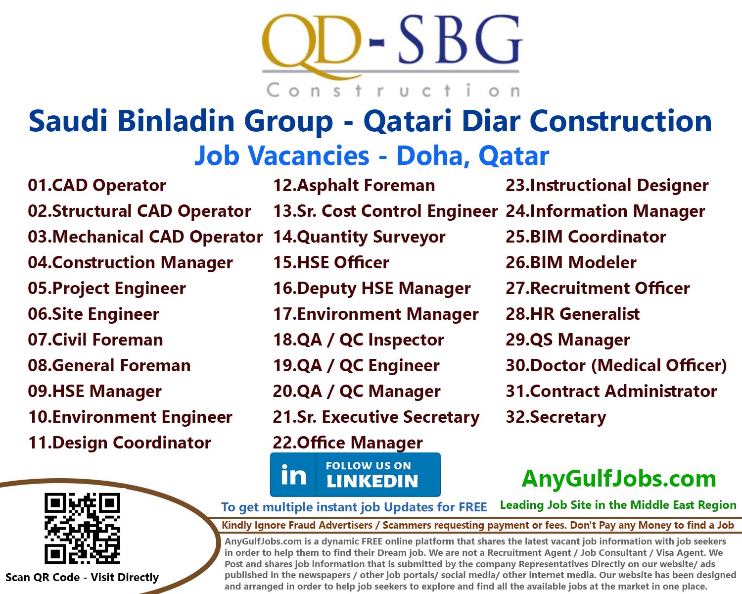 Multiple Job Vacancies  - QD-SBG Construction WLL Job Vacancies - Doha, Qatar