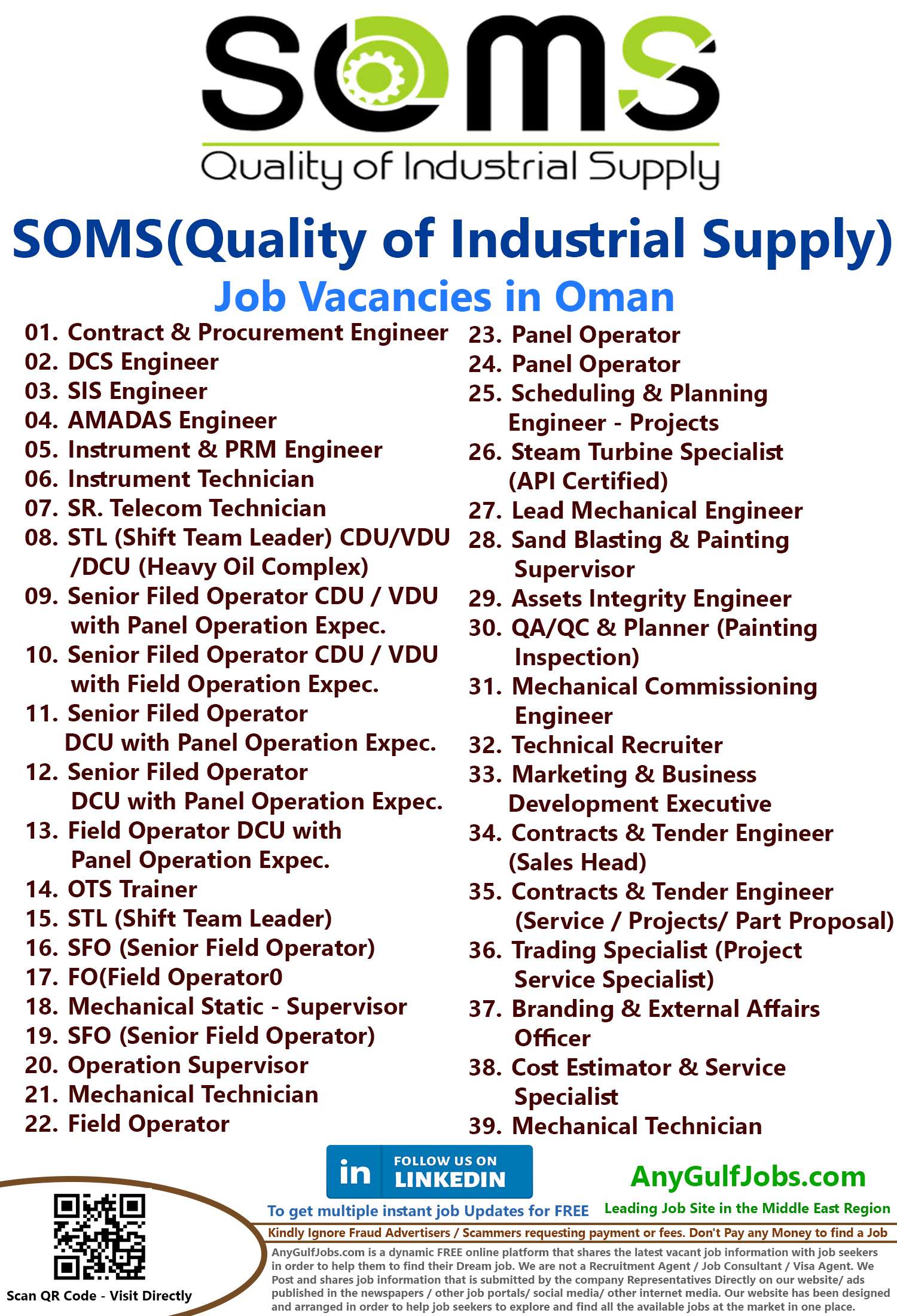 List of SOMS(Quality of Industrial Supply) Jobs - Oman
