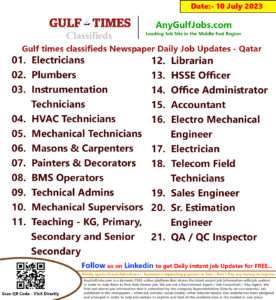Gulf times classifieds Job Vacancies Qatar - 10 July 2023