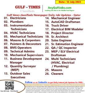 Gulf times classifieds Job Vacancies Qatar - 12 July 2023