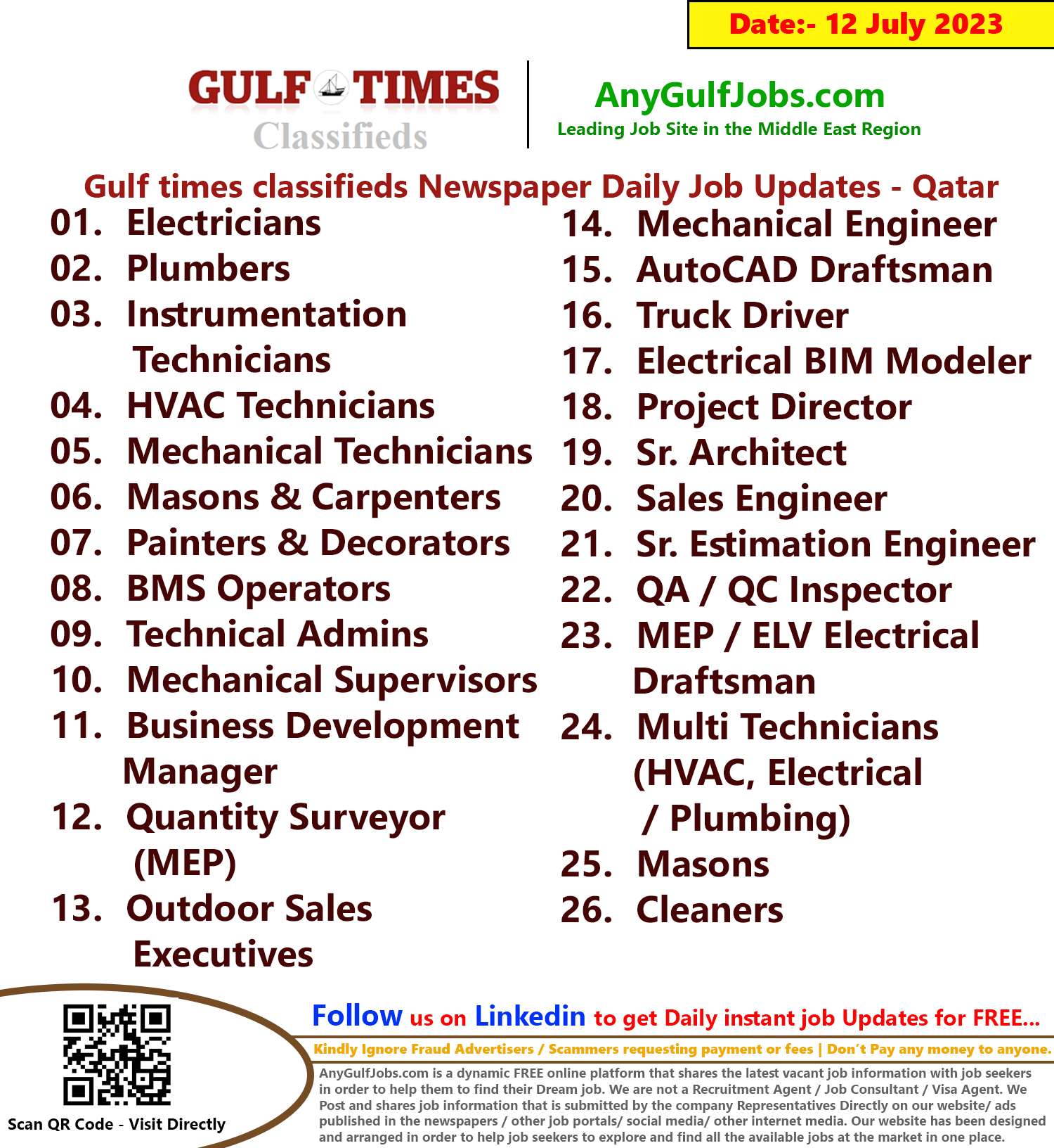 Gulf times classifieds Job Vacancies Qatar - 12 July 2023