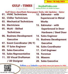Gulf times classifieds Job Vacancies Qatar - 16 July 2023