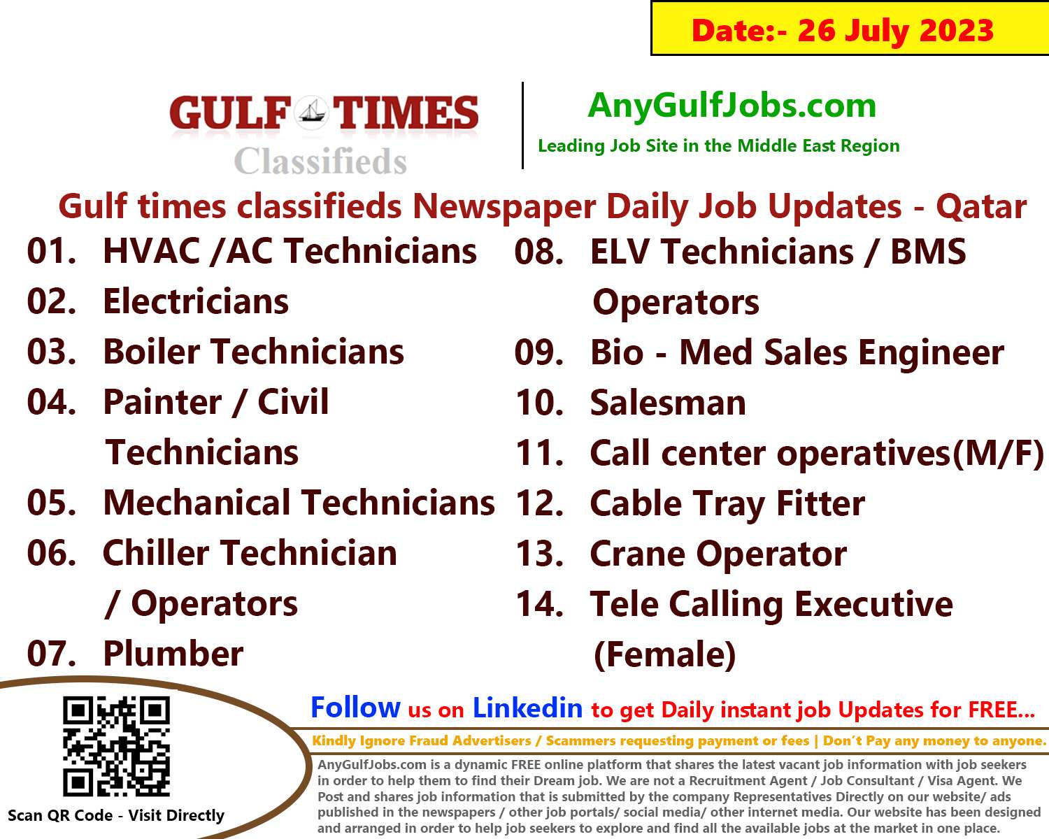 Gulf times classifieds Job Vacancies Qatar - 26 July 2023