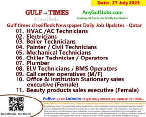 Gulf times classifieds Job Vacancies Qatar - 27 July 2023