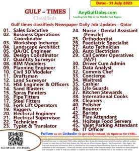 Gulf times classifieds Job Vacancies Qatar - 31 July 2023
