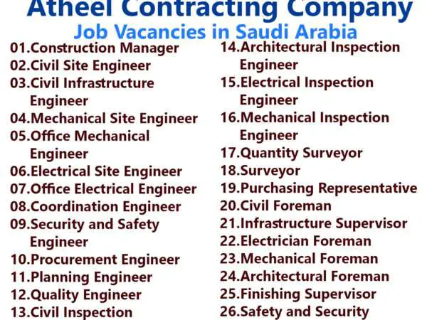 List of Atheel Contracting Company Jobs - Saudi Arabia