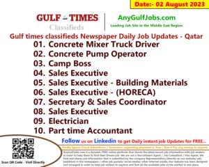 Gulf times classifieds Job Vacancies Qatar - 02 August 2023