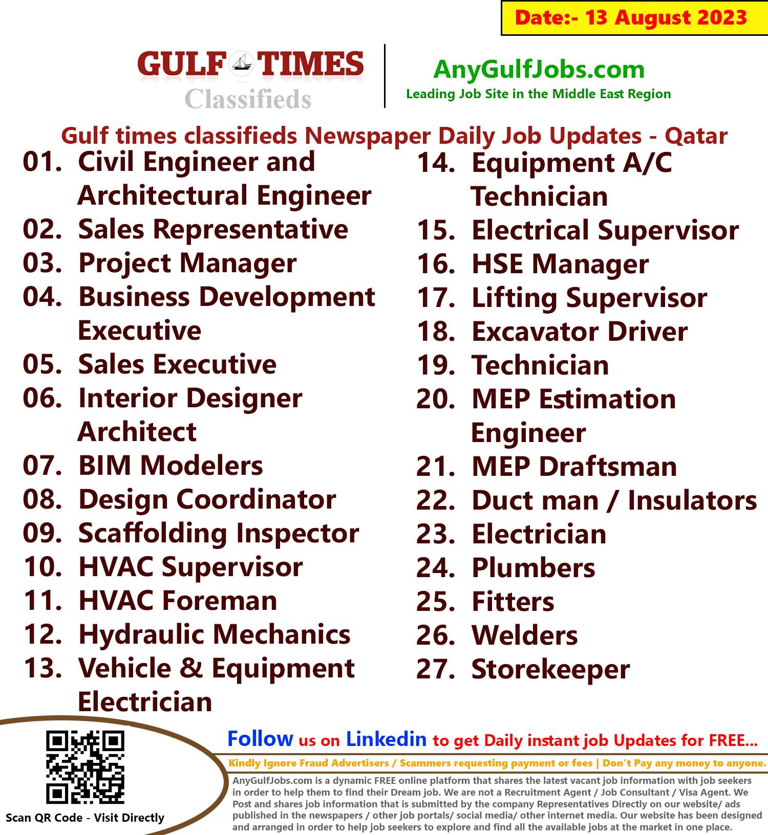 Gulf times classifieds Job Vacancies Qatar - 13 August 2023