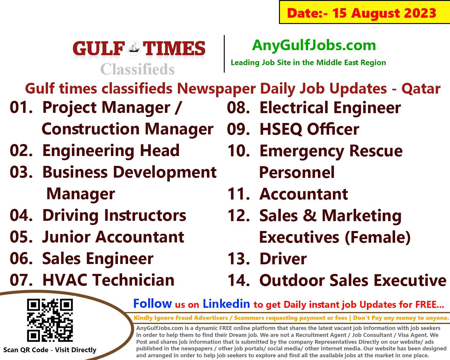 Gulf times classifieds Job Vacancies Qatar - 15 August 2023