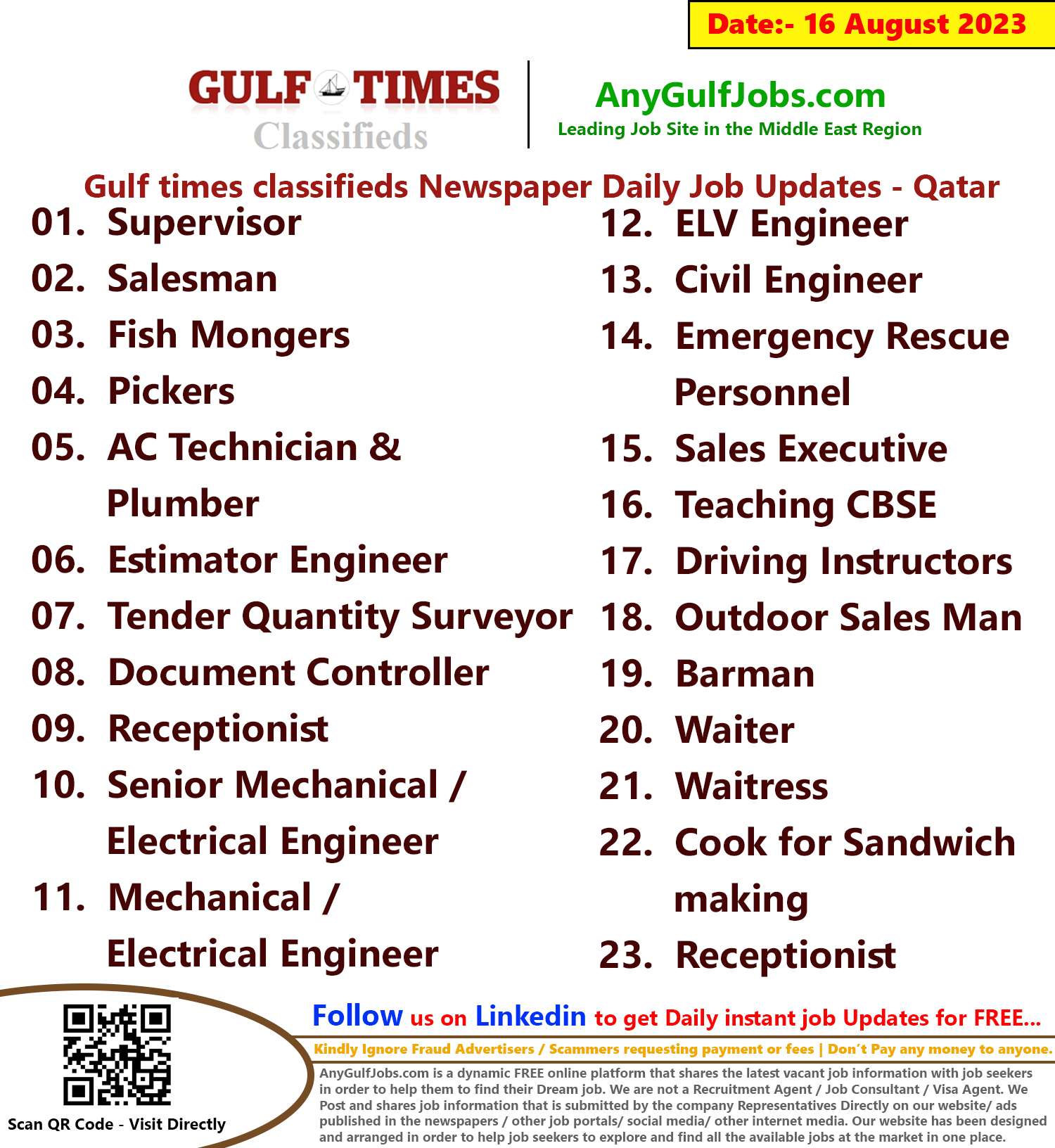 Gulf times classifieds Job Vacancies Qatar - 16 August 2023
