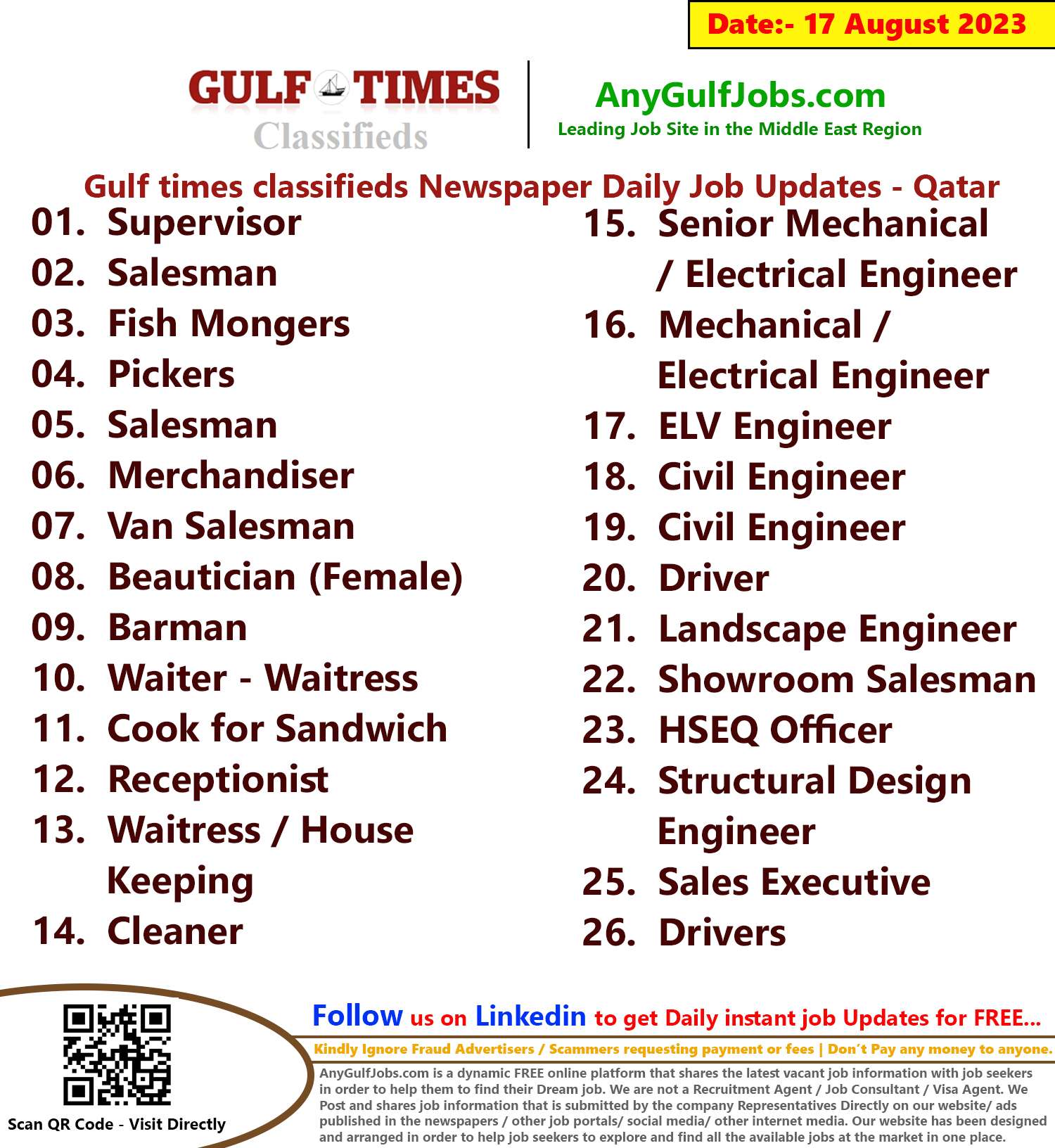 Gulf times classifieds Job Vacancies Qatar - 17 August 2023