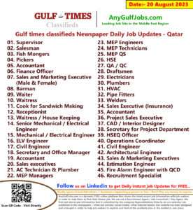 Gulf times classifieds Job Vacancies Qatar - 20 August 2023