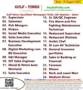 Gulf times classifieds Job Vacancies Qatar - 21 August 2023