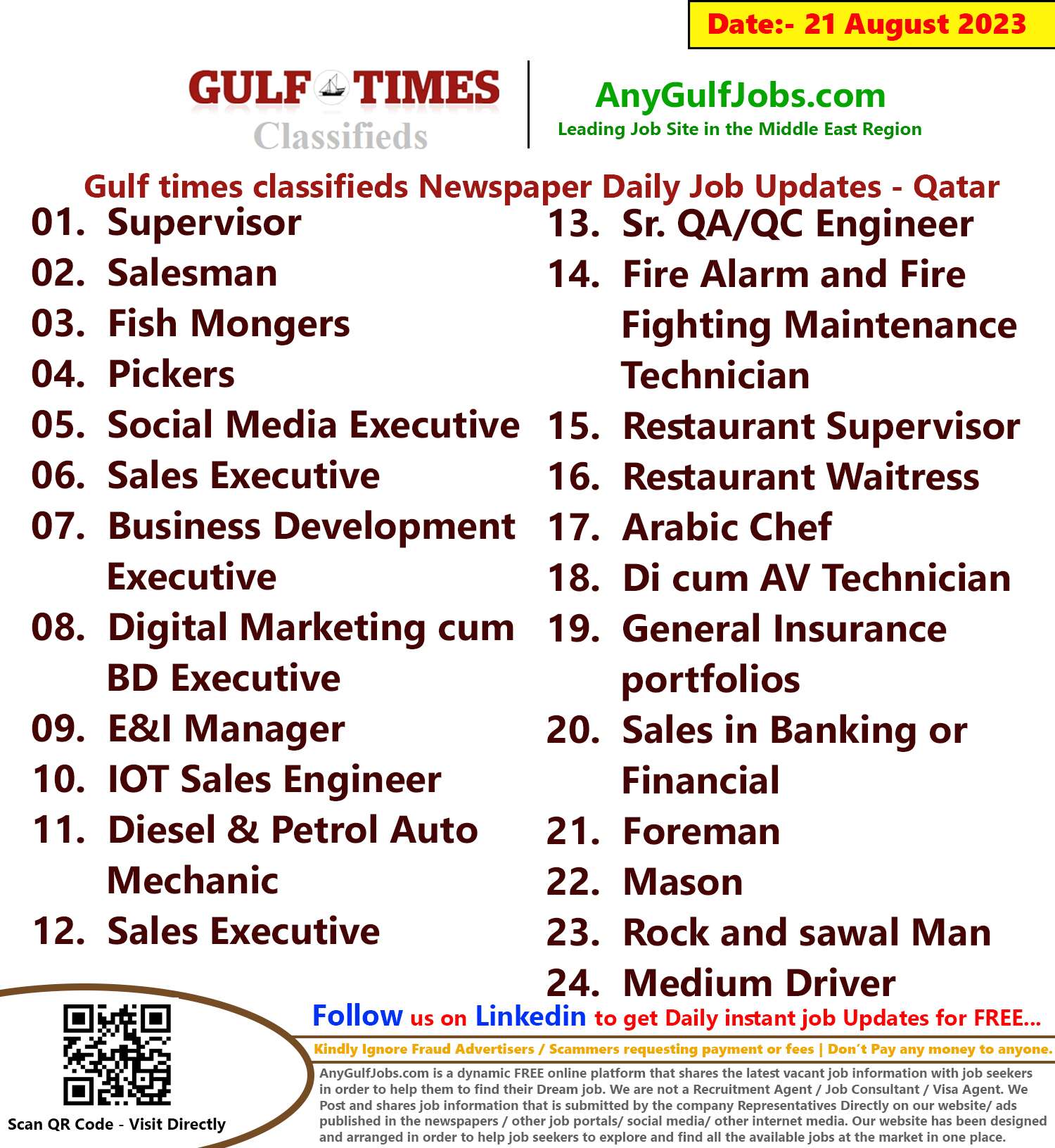 Gulf times classifieds Job Vacancies Qatar - 21 August 2023