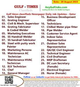 Gulf times classifieds Job Vacancies Qatar - 28 August 2023