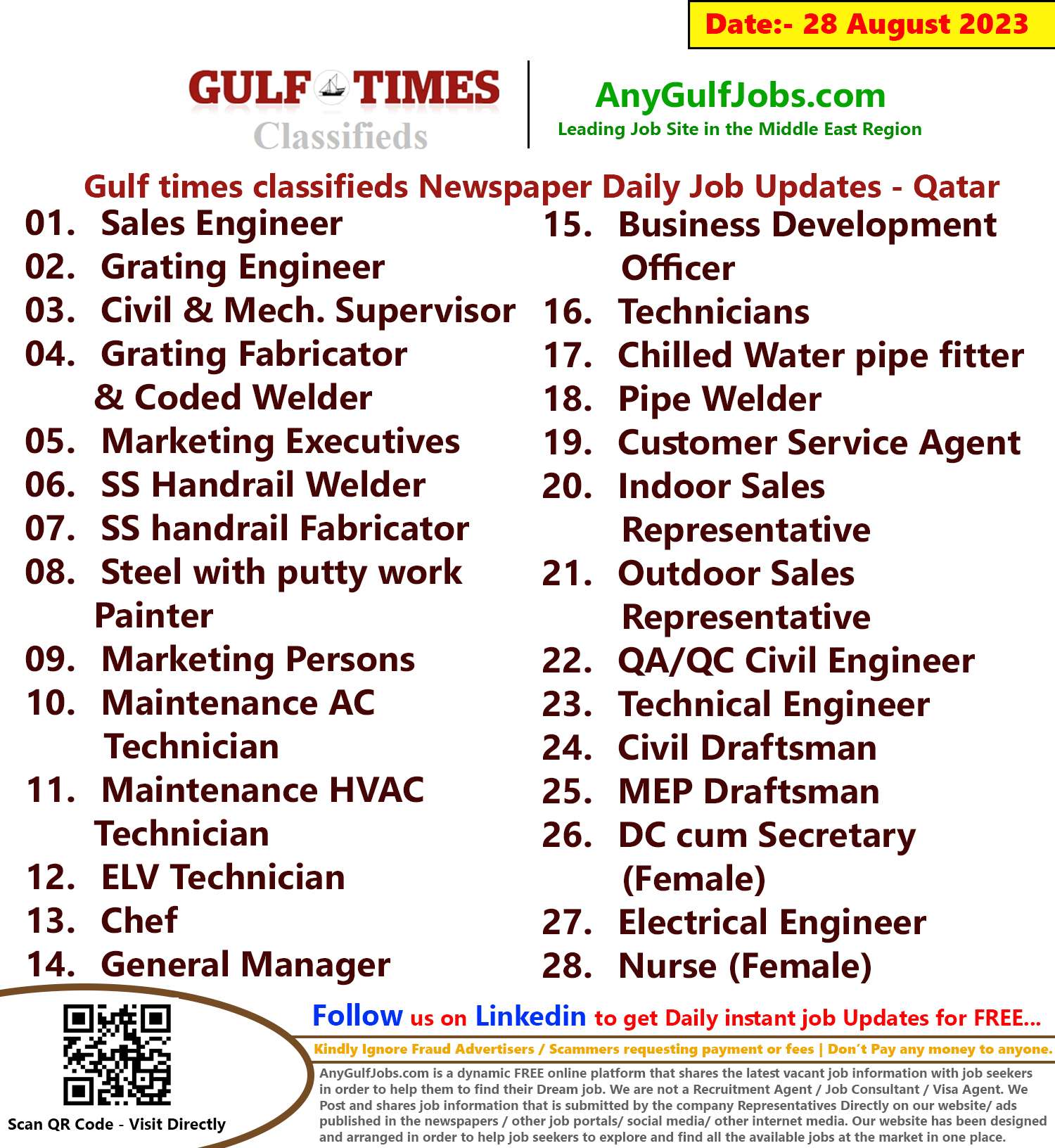 Gulf times classifieds Job Vacancies Qatar - 28 August 2023