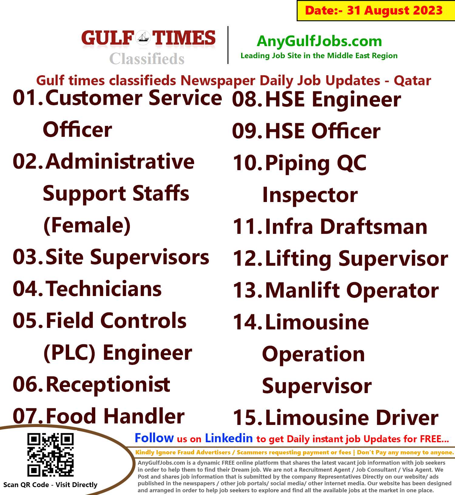 Gulf times classifieds Job Vacancies Qatar - 31 August 2023