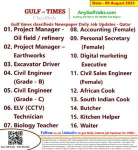 Gulf times classifieds Job Vacancies Qatar - 09 August 2023