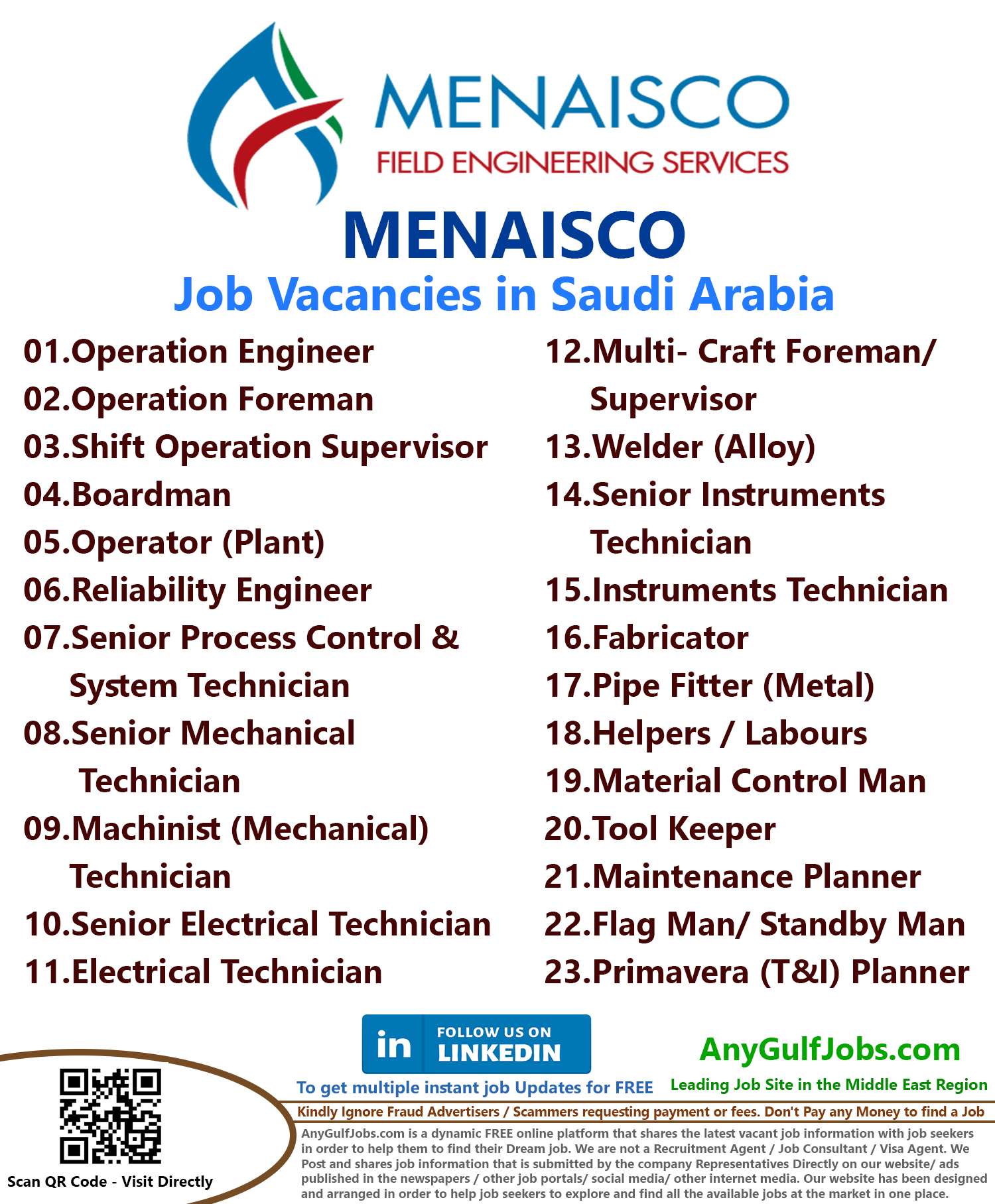 List of MENAISCO Jobs - Saudi Arabia