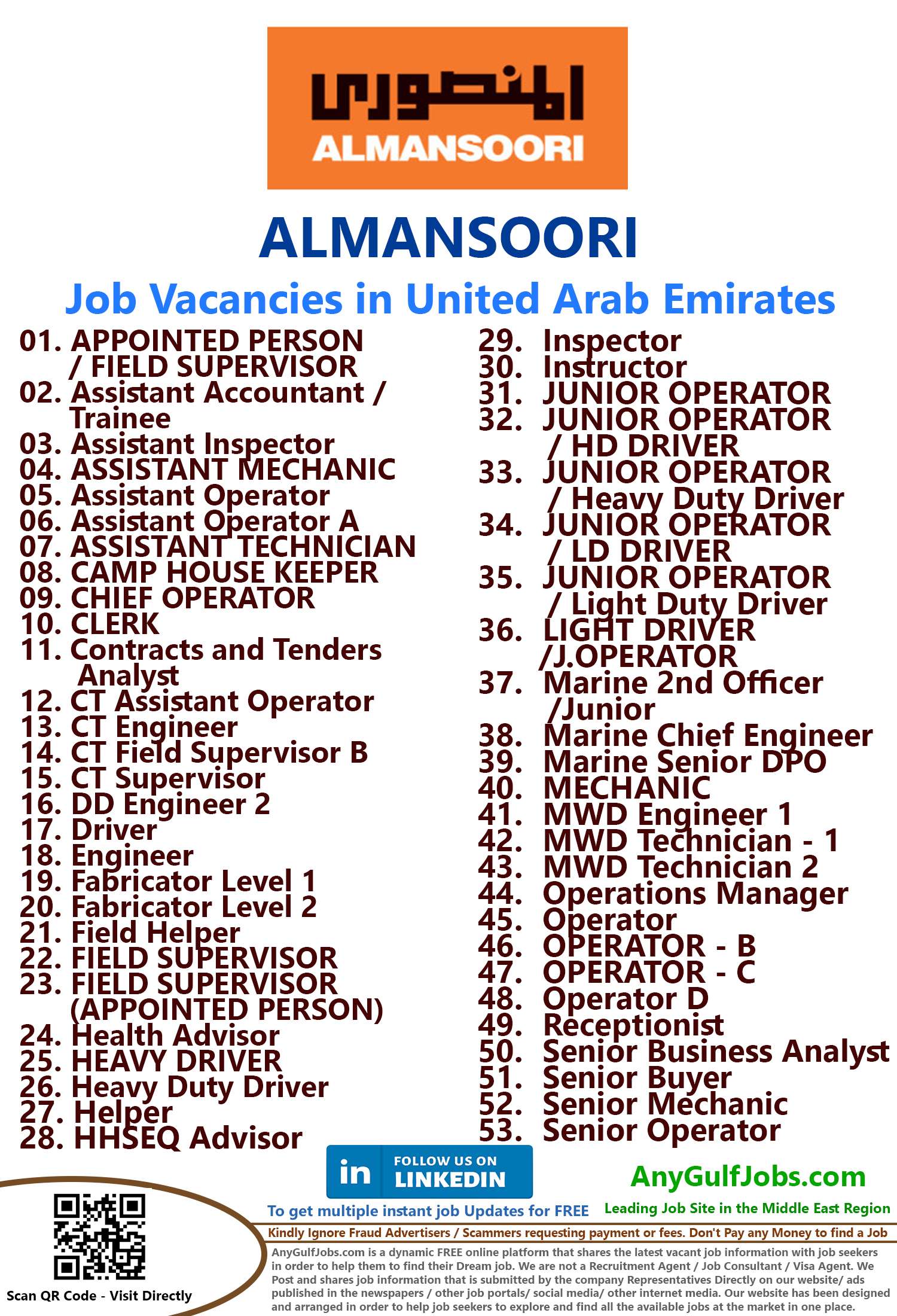 List of ALMANSOORI Jobs - United Arab Emirates
