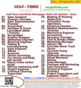 Gulf times classifieds Job Vacancies Qatar - 04 September 2023