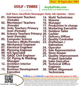 Gulf times classifieds Job Vacancies Qatar - 06 September 2023