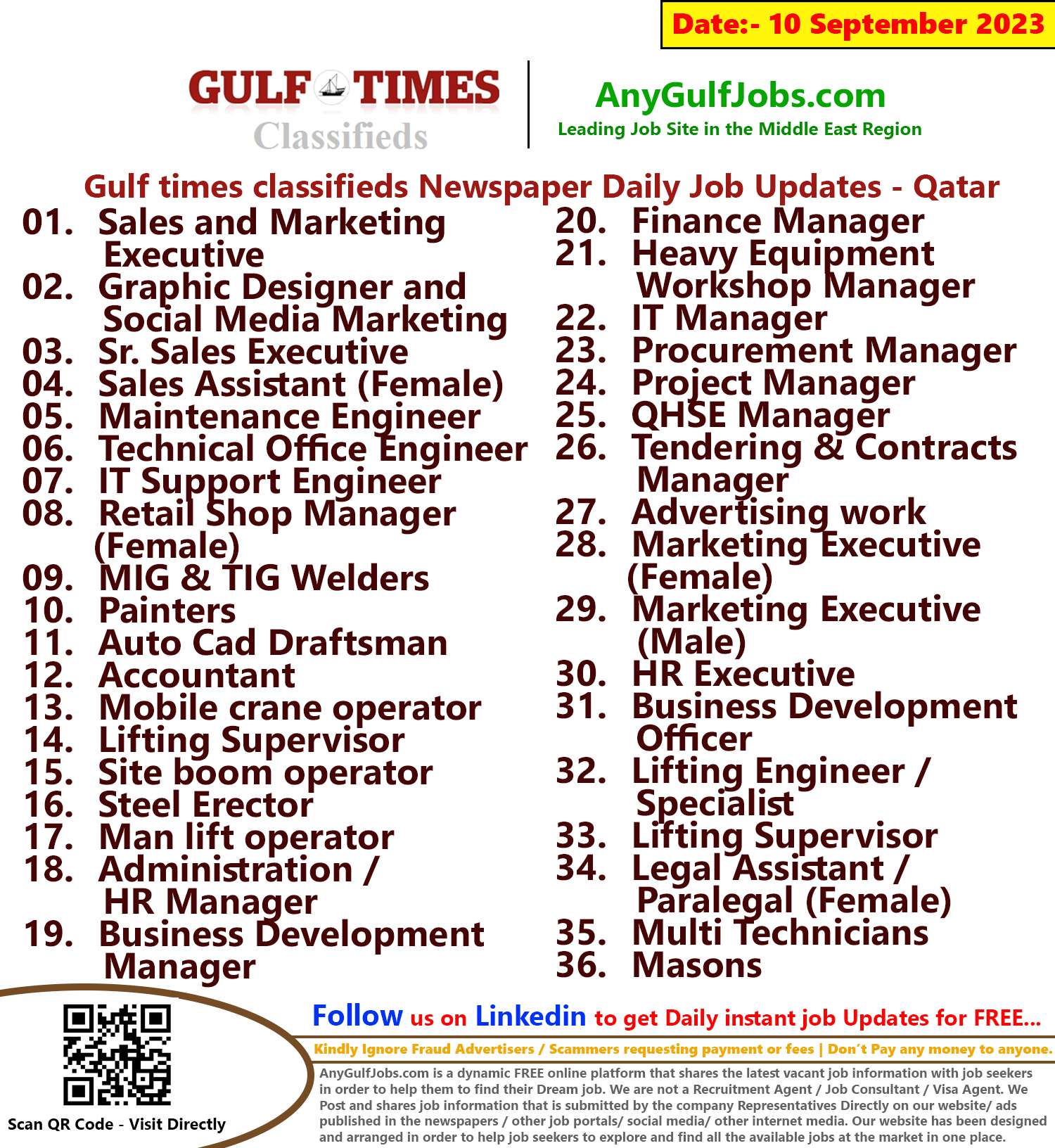Gulf times classifieds Job Vacancies Qatar - 10 September 2023