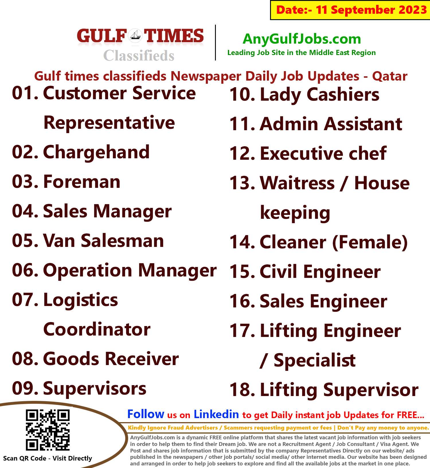 Gulf times classifieds Job Vacancies Qatar - 11 September 2023